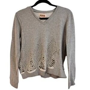 Anthropologie Pepin Distressed Sweatshirt S Gray Cutout Hem Boho Minimalist Chic